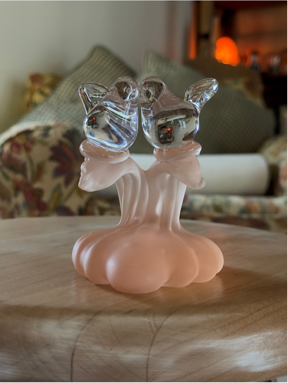 38. Hand Blown Art Glass Lovebirds on Pink Frosted Tree